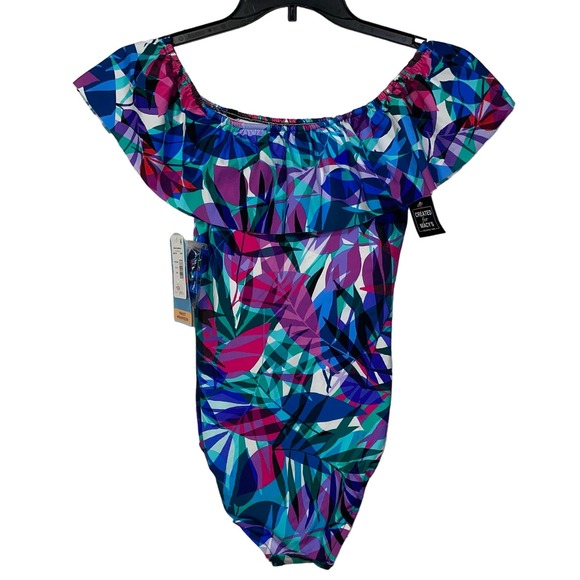 Swim Solutions Off the Shoulder Tummy Control 1piece Swimsuit Blue 8 - Picture 6 of 10